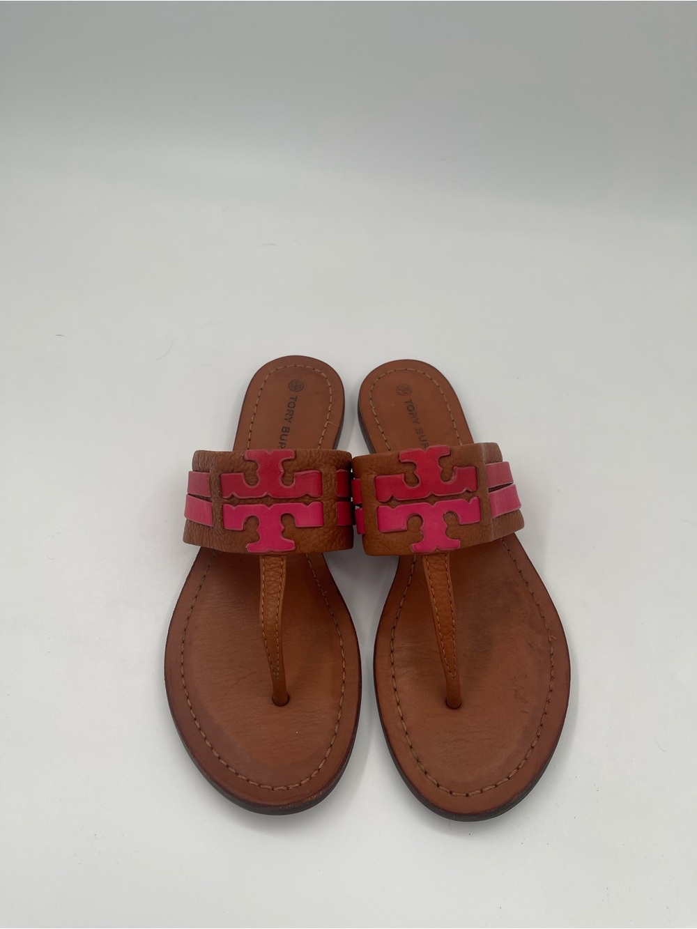 Tory Burch Brown Leather Thong Sandals with Pink Logo